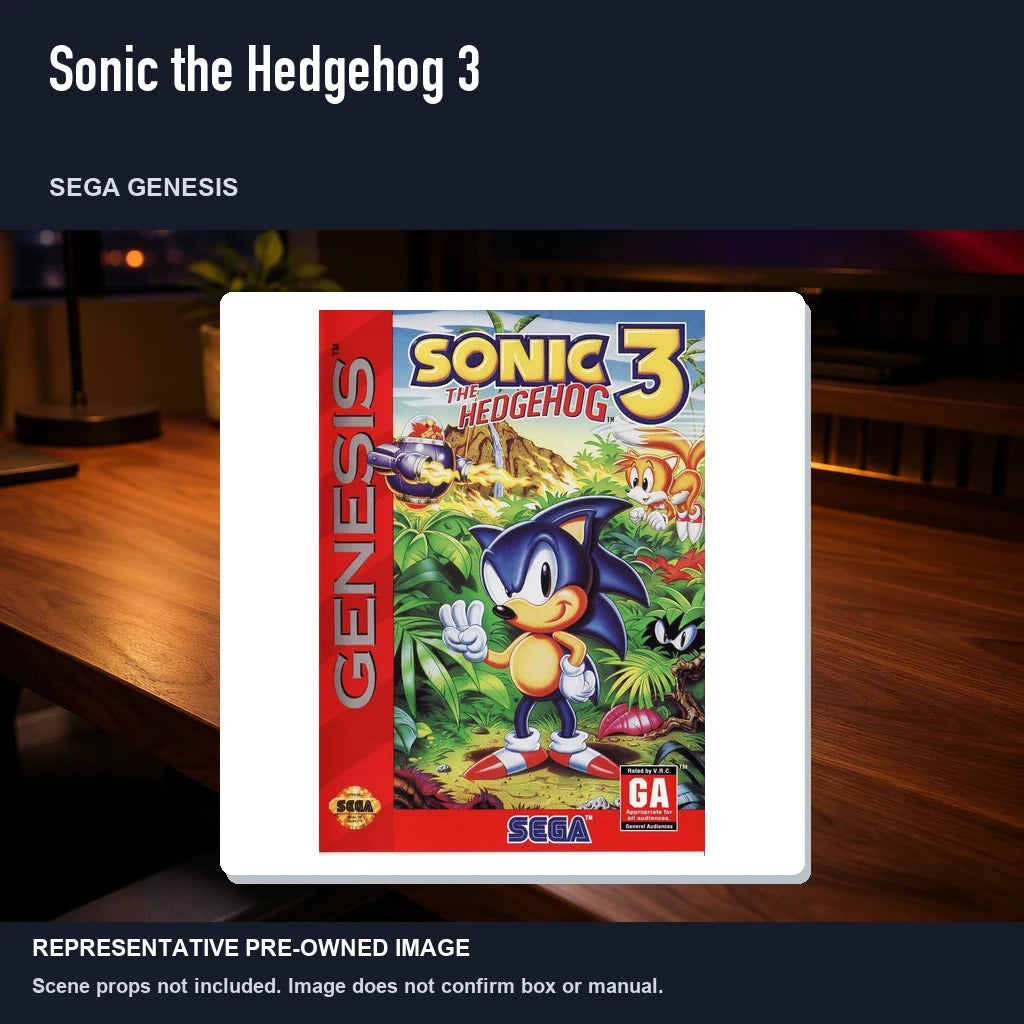 Representative pre-owned Sonic the Hedgehog 3 (Sega Genesis), product image in a styled desk scene.