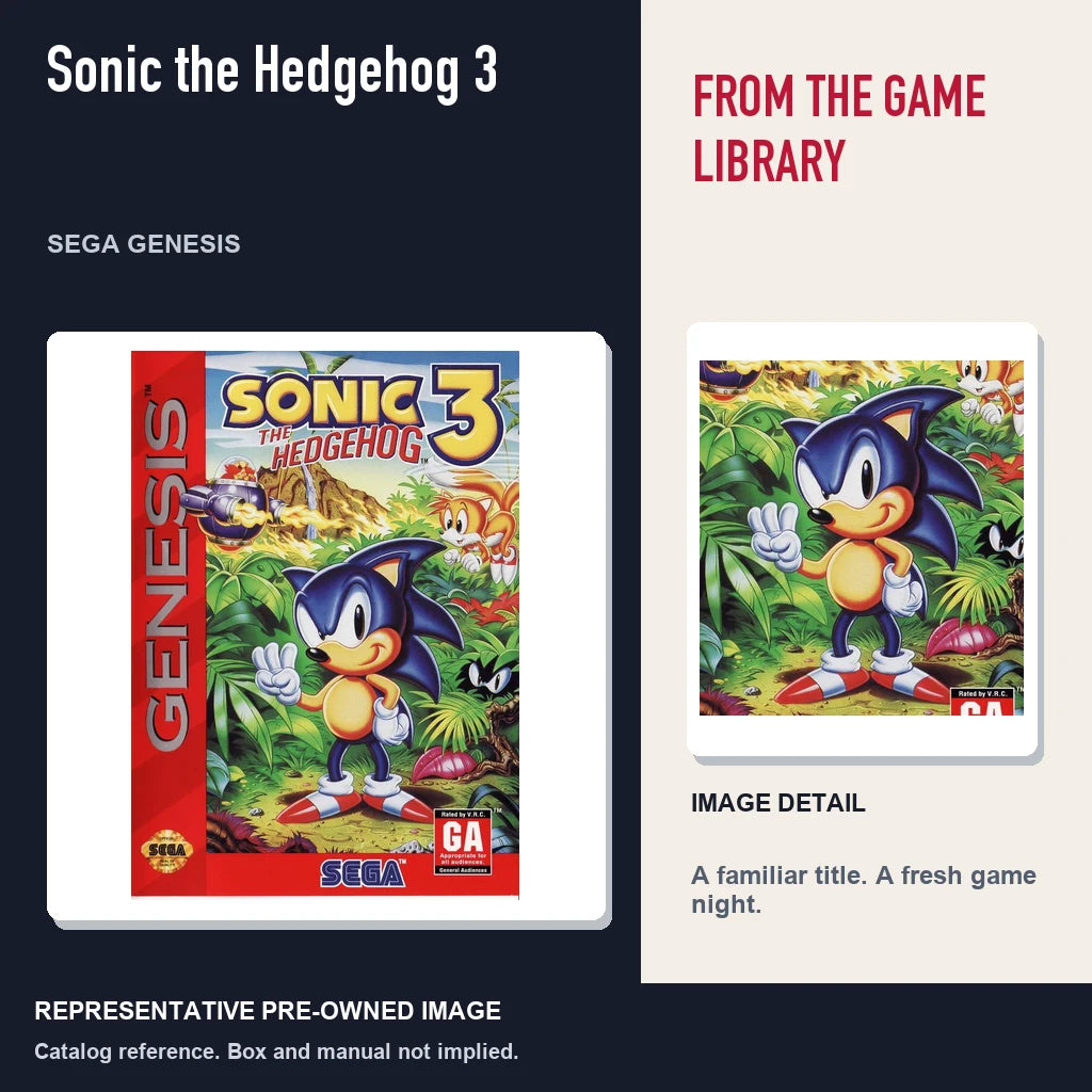 Representative pre-owned Sonic the Hedgehog 3 (Sega Genesis), editorial image and detail.