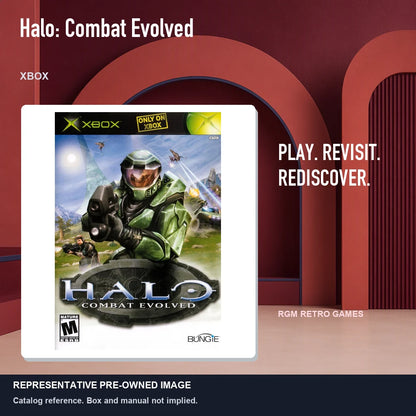 Representative pre-owned Halo: Combat Evolved (Xbox), red retro product layout.