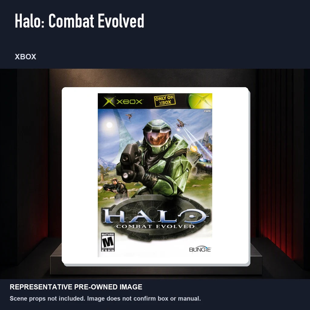 Representative pre-owned Halo: Combat Evolved (Xbox), product image on a display panel.