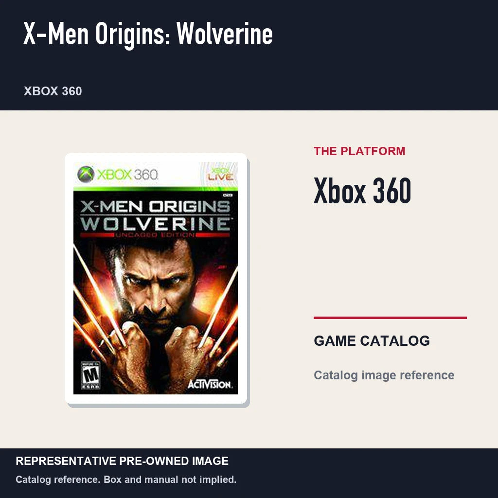 Representative pre-owned X-Men Origins: Wolverine (Xbox 360), platform product layout.