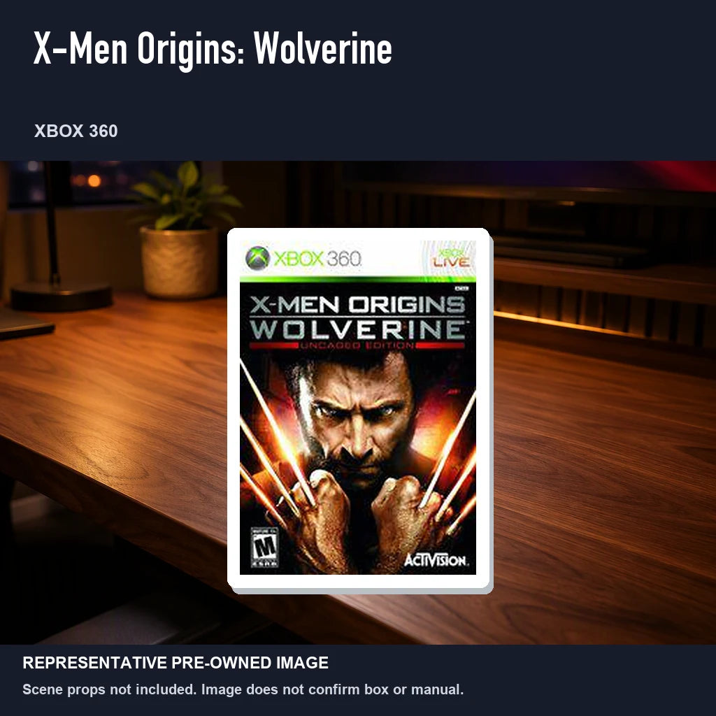Representative pre-owned X-Men Origins: Wolverine (Xbox 360), product image in a styled desk scene.