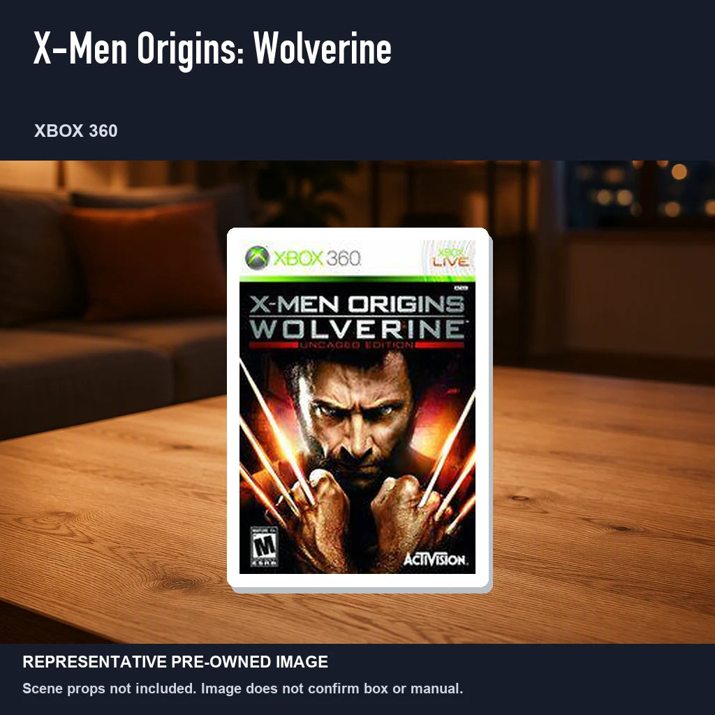 Representative pre-owned X-Men Origins: Wolverine (Xbox 360), product image in a styled room scene.