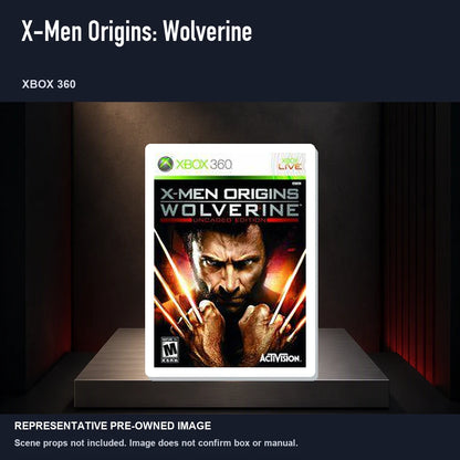 Representative pre-owned X-Men Origins: Wolverine (Xbox 360), product image on a display panel.