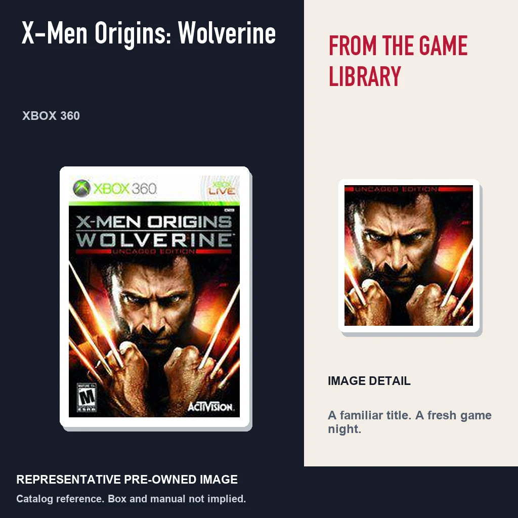 Representative pre-owned X-Men Origins: Wolverine (Xbox 360), editorial image and detail.