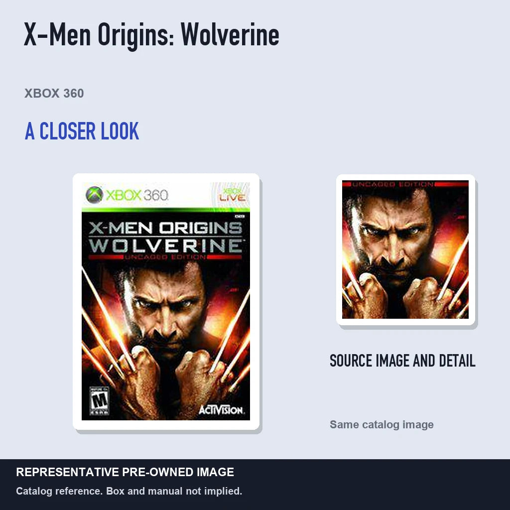 Representative pre-owned X-Men Origins: Wolverine (Xbox 360), full image with detail inset.