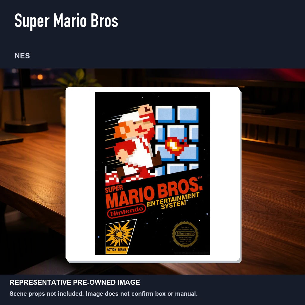 Representative pre-owned Super Mario Bros (NES), product image in a styled desk scene.