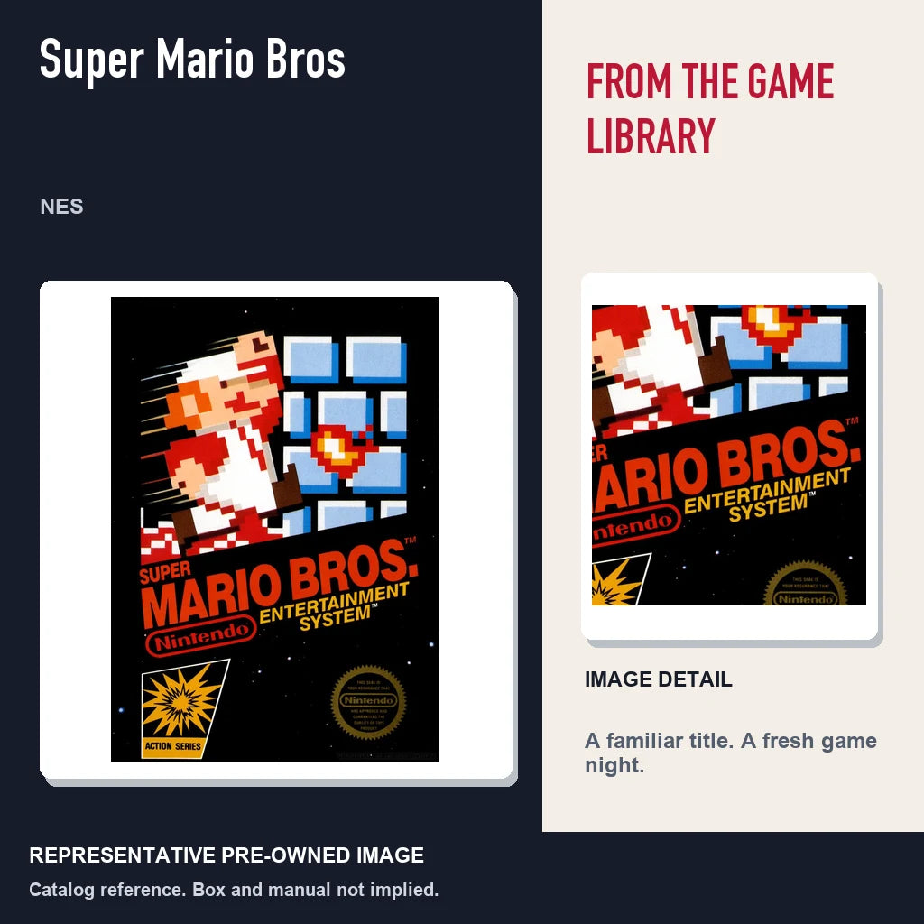 Representative pre-owned Super Mario Bros (NES), editorial image and detail.