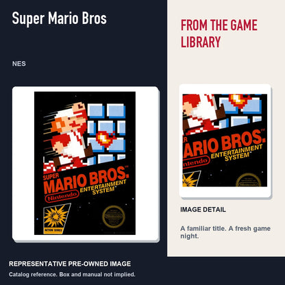 Representative pre-owned Super Mario Bros (NES), editorial image and detail.