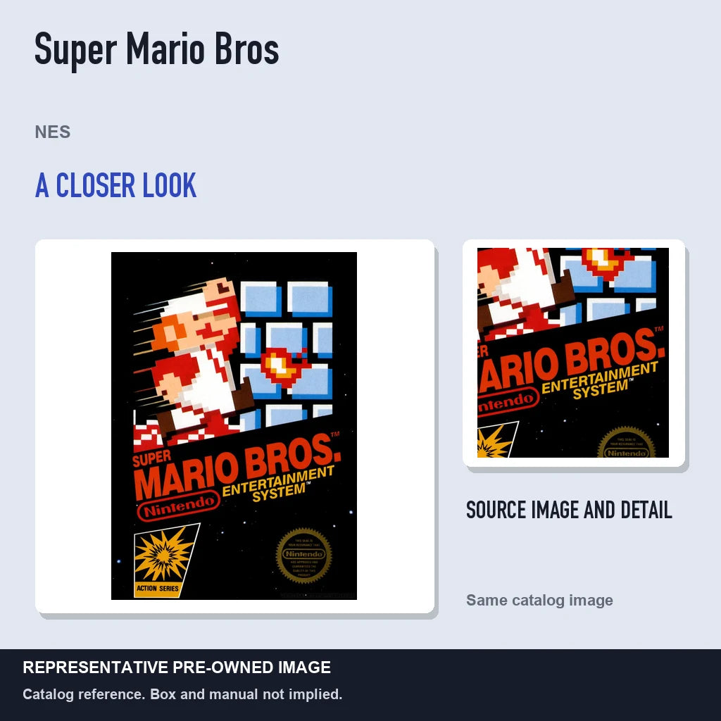 Representative pre-owned Super Mario Bros (NES), full image with detail inset.