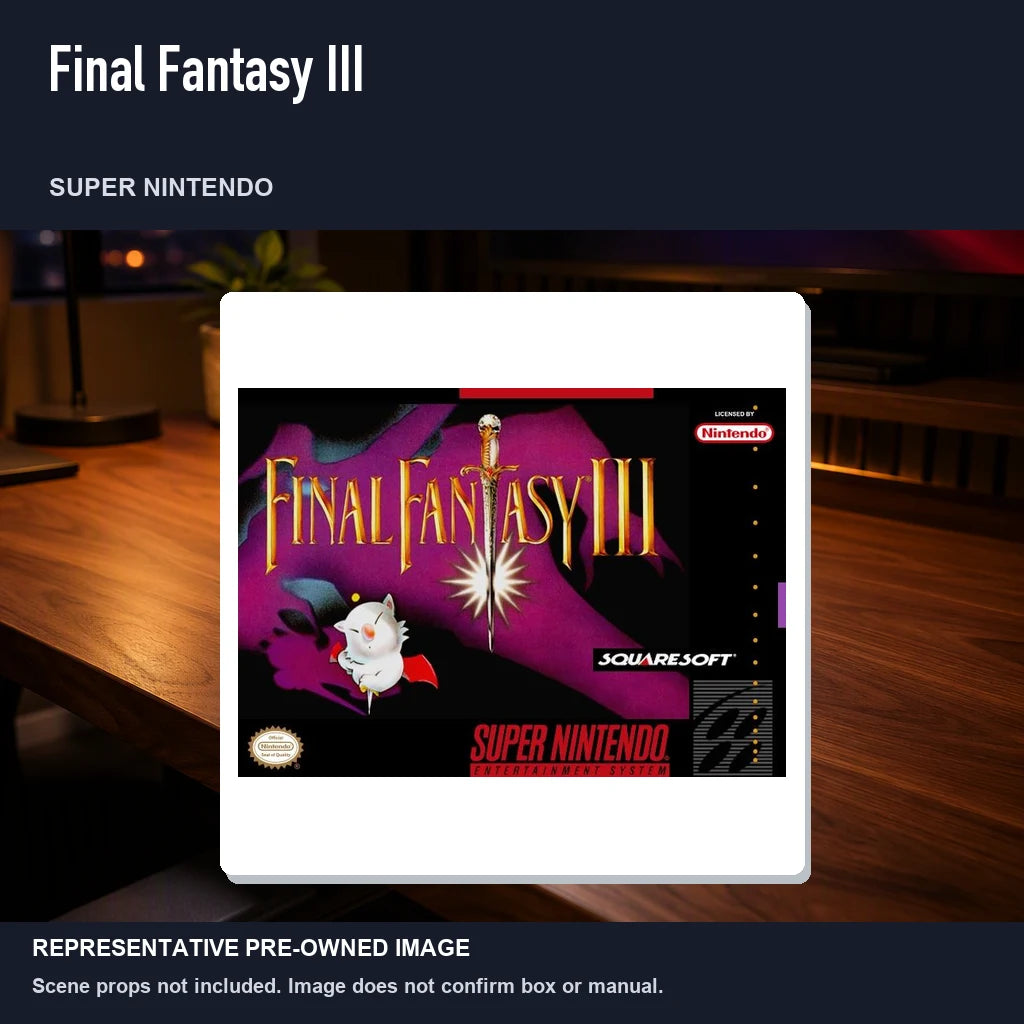 Representative pre-owned Final Fantasy III (Super Nintendo), product image in a styled desk scene.