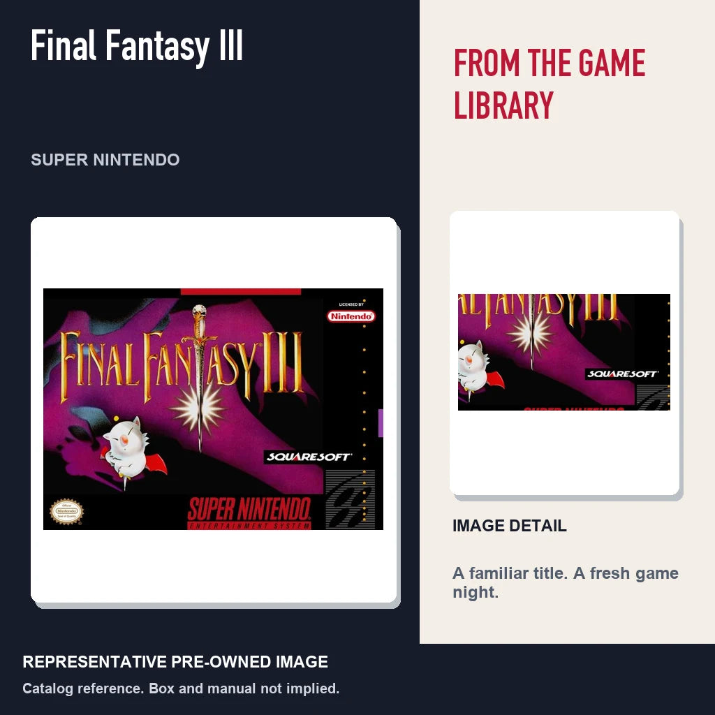 Representative pre-owned Final Fantasy III (Super Nintendo), editorial image and detail.