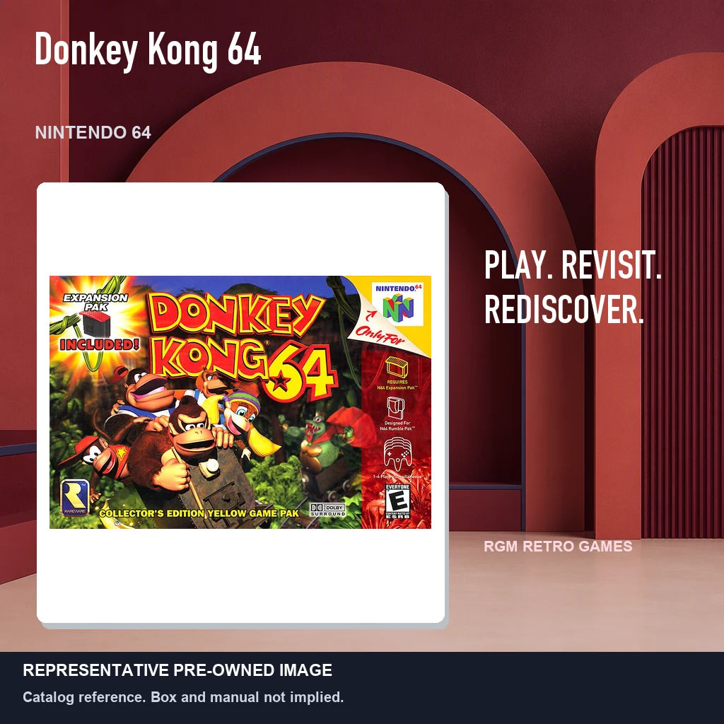Representative pre-owned Donkey Kong 64 (Nintendo 64), red retro product layout.