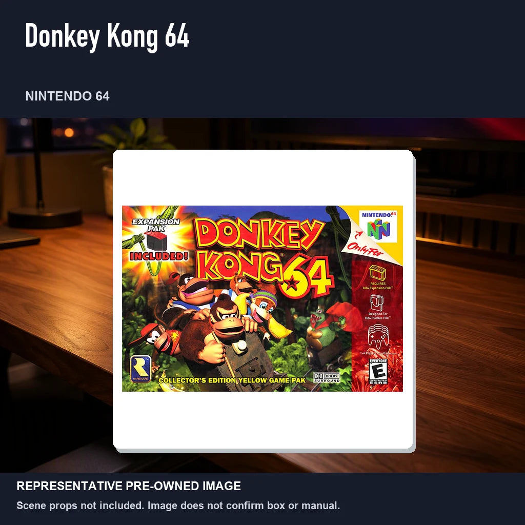 Representative pre-owned Donkey Kong 64 (Nintendo 64), product image in a styled desk scene.