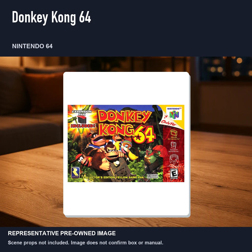 Representative pre-owned Donkey Kong 64 (Nintendo 64), product image in a styled room scene.