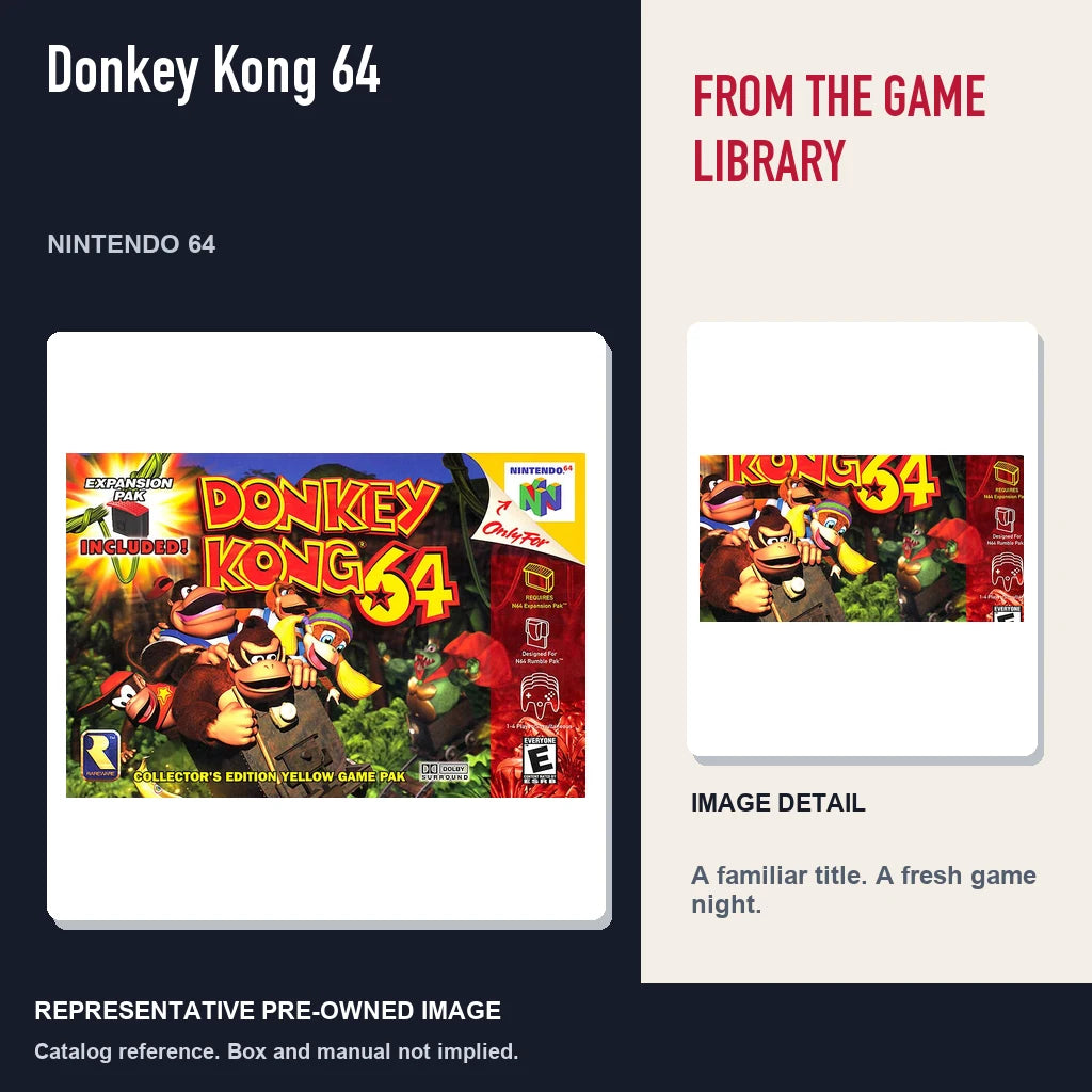 Representative pre-owned Donkey Kong 64 (Nintendo 64), editorial image and detail.