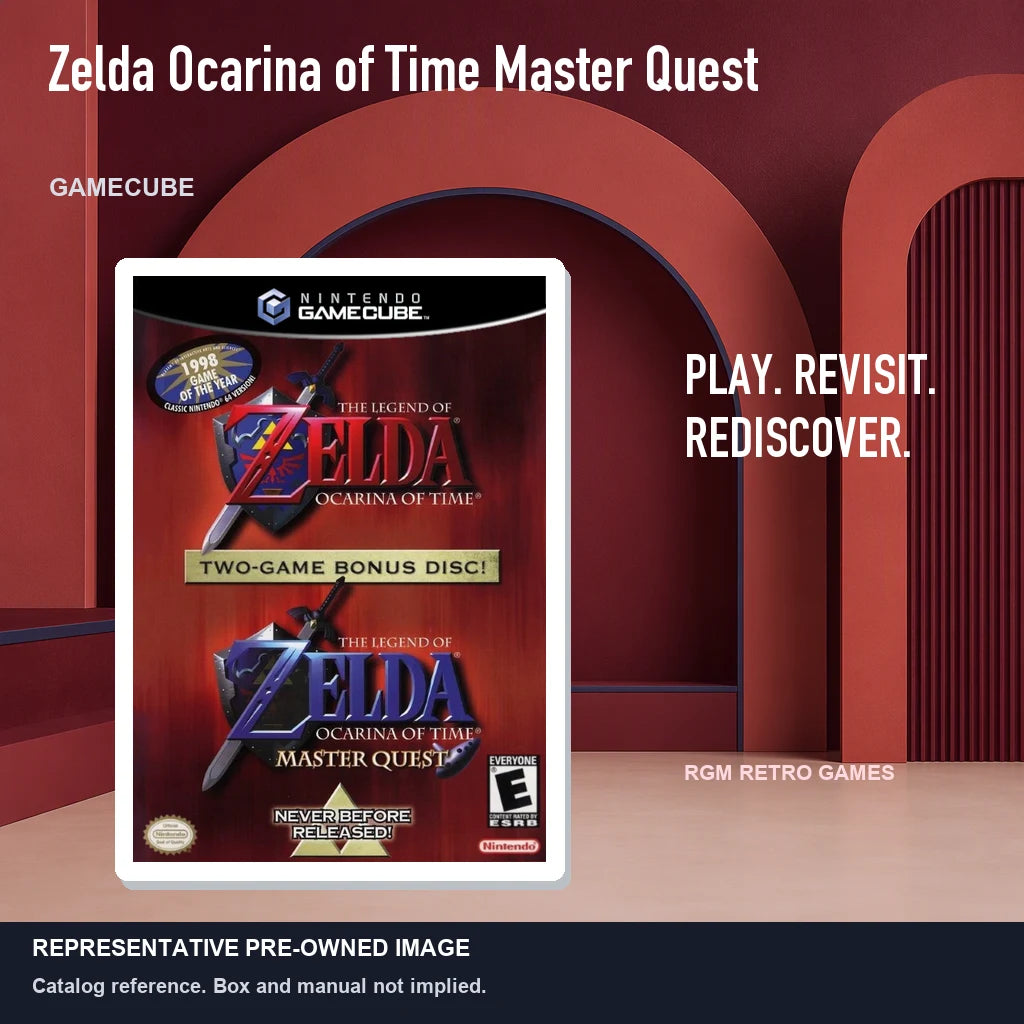 Representative pre-owned Zelda Ocarina of Time Master Quest (GameCube), red retro product layout.