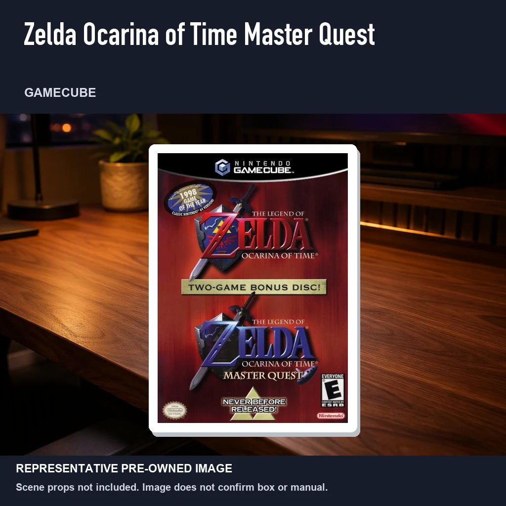 Representative pre-owned Zelda Ocarina of Time Master Quest (GameCube), product image in a styled desk scene.
