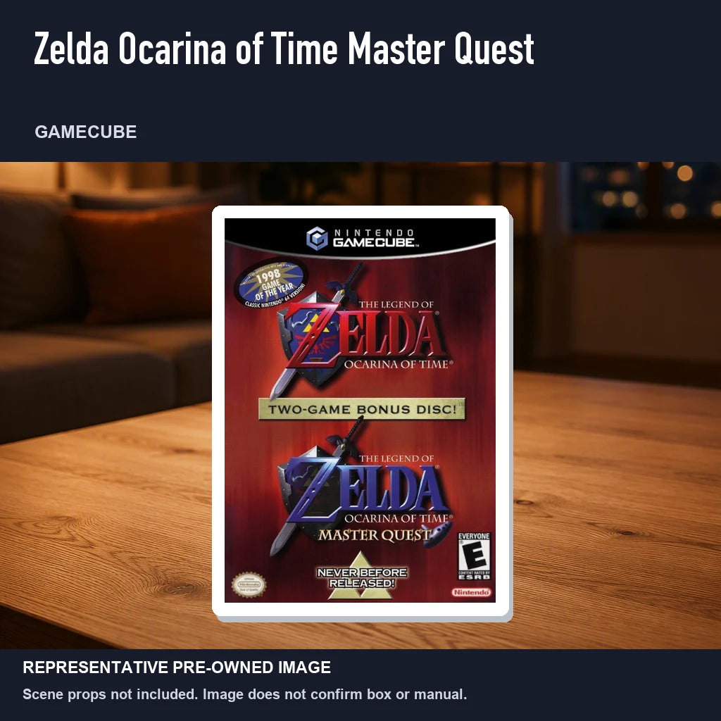 Representative pre-owned Zelda Ocarina of Time Master Quest (GameCube), product image in a styled room scene.