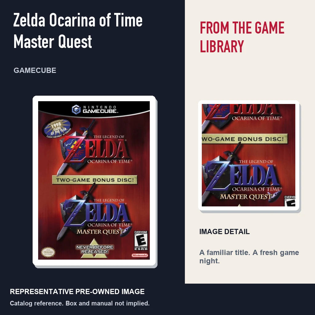 Representative pre-owned Zelda Ocarina of Time Master Quest (GameCube), editorial image and detail.