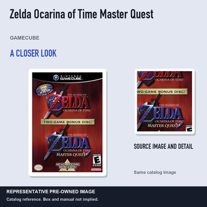 Representative pre-owned Zelda Ocarina of Time Master Quest (GameCube), full image with detail inset.
