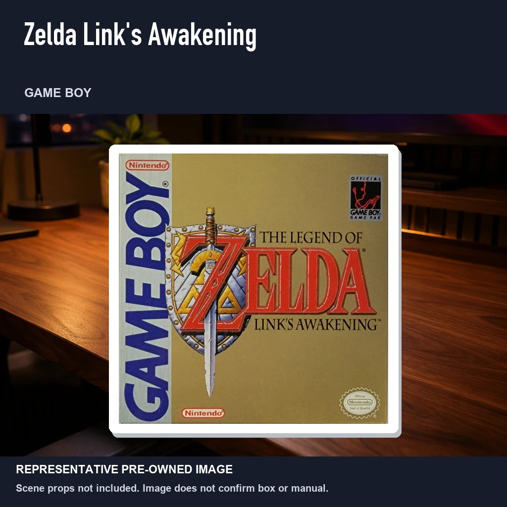 Representative pre-owned Zelda Link's Awakening (Game Boy), product image in a styled desk scene.