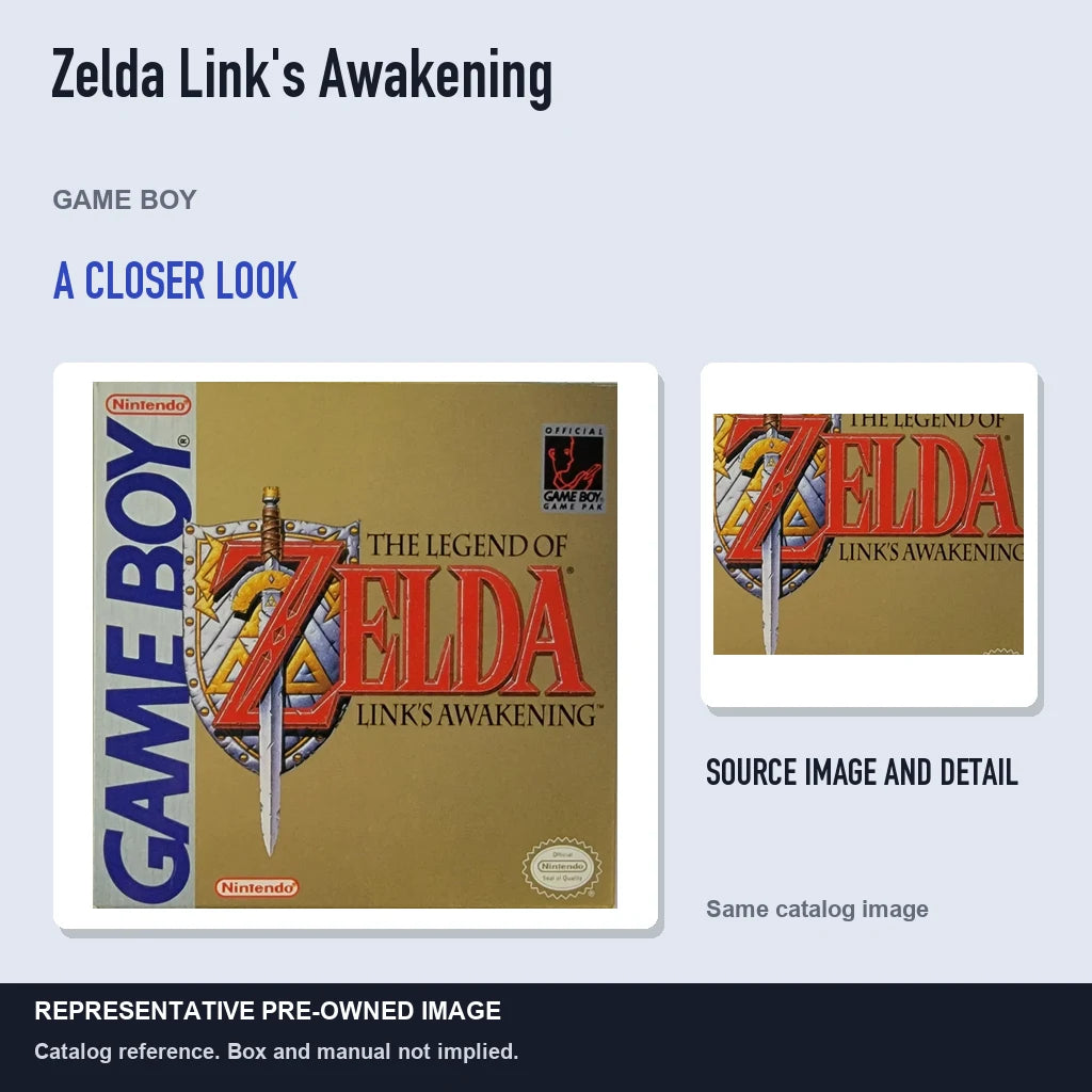 Representative pre-owned Zelda Link's Awakening (Game Boy), full image with detail inset.