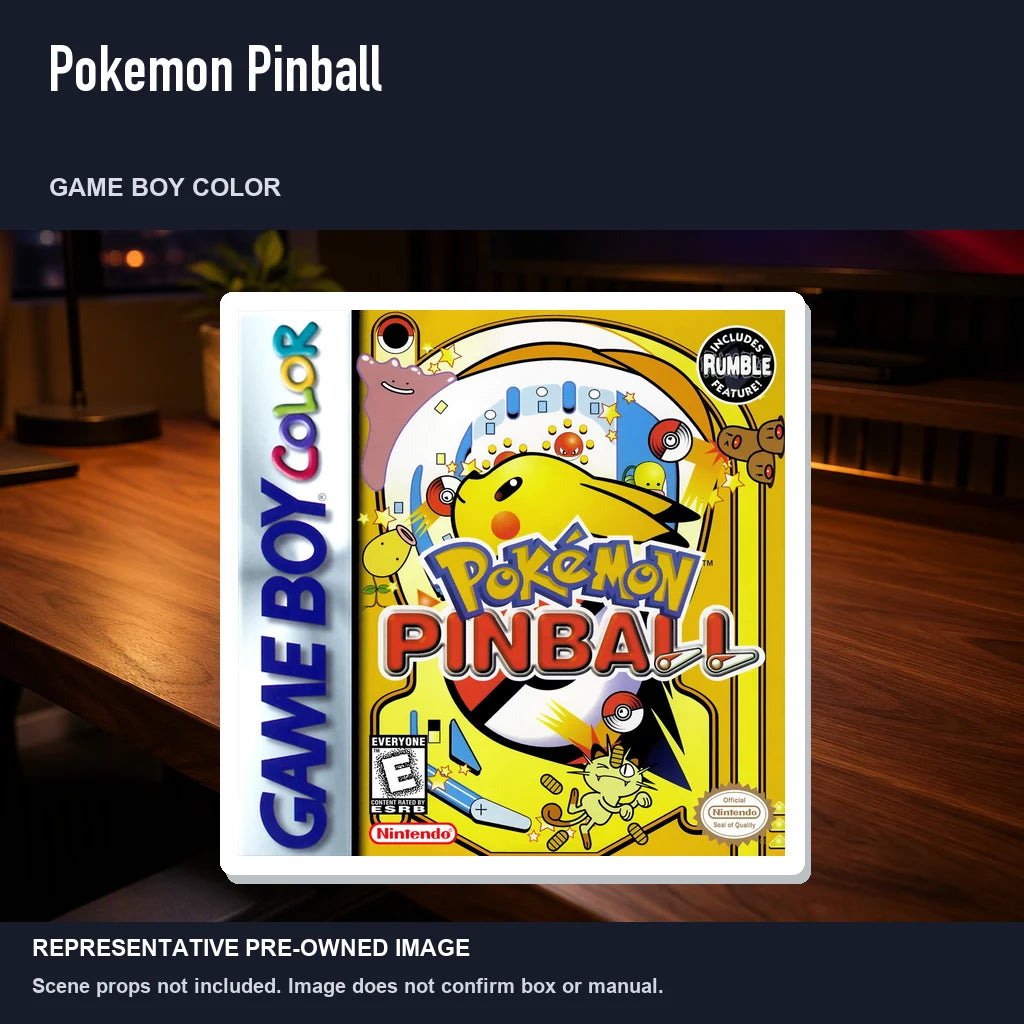 Representative pre-owned Pokemon Pinball (Game Boy Color), product image in a styled desk scene.