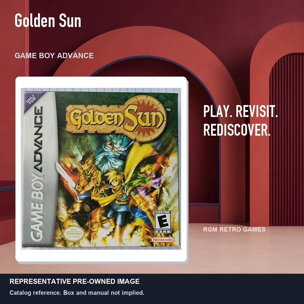Representative pre-owned Golden Sun (Game Boy Advance), red retro product layout.