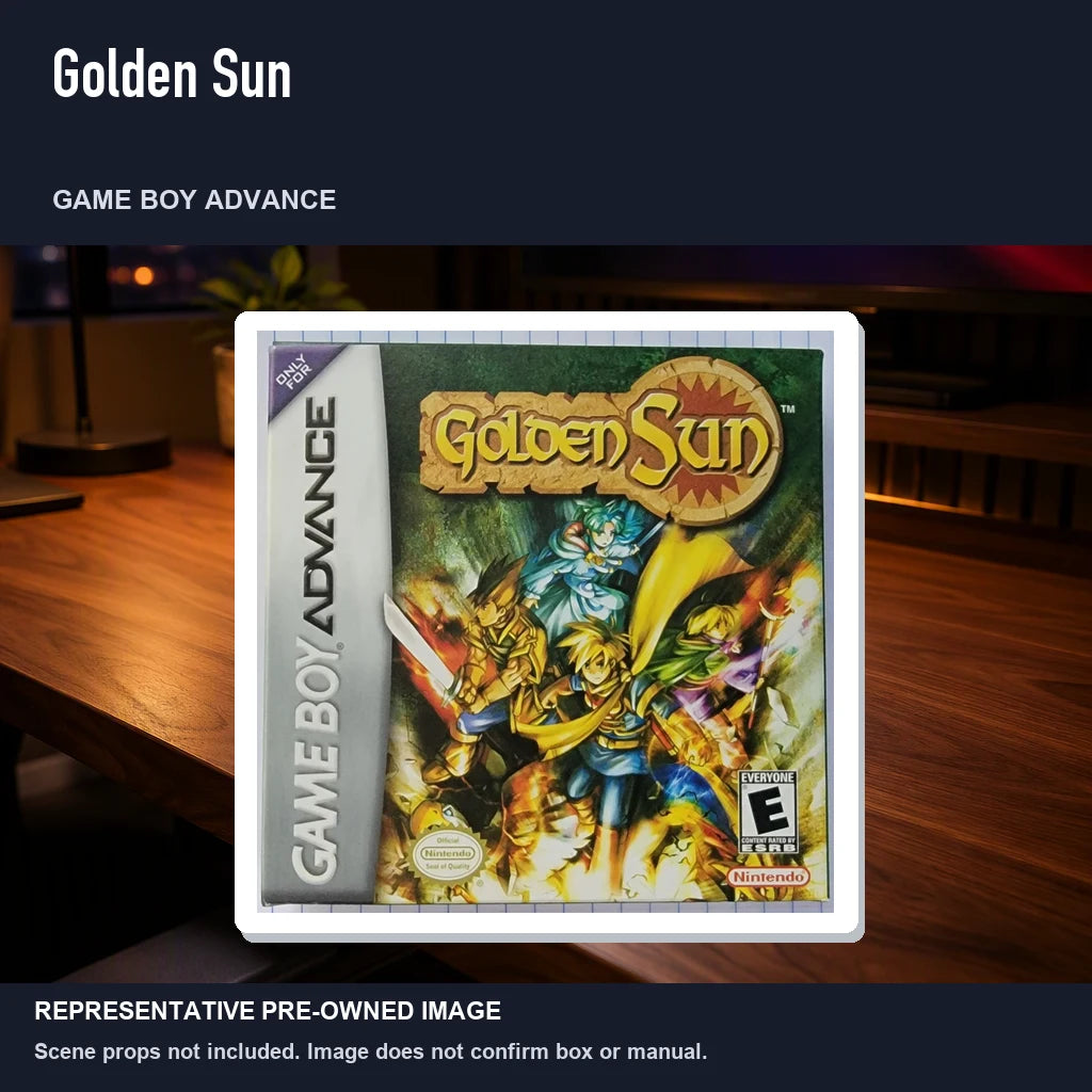 Representative pre-owned Golden Sun (Game Boy Advance), product image in a styled desk scene.