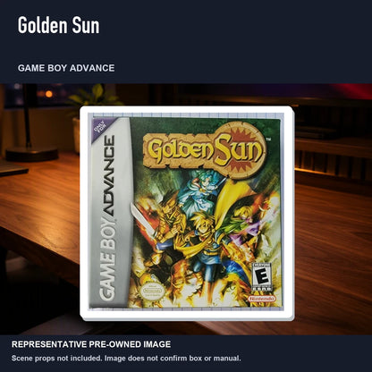 Representative pre-owned Golden Sun (Game Boy Advance), product image in a styled desk scene.