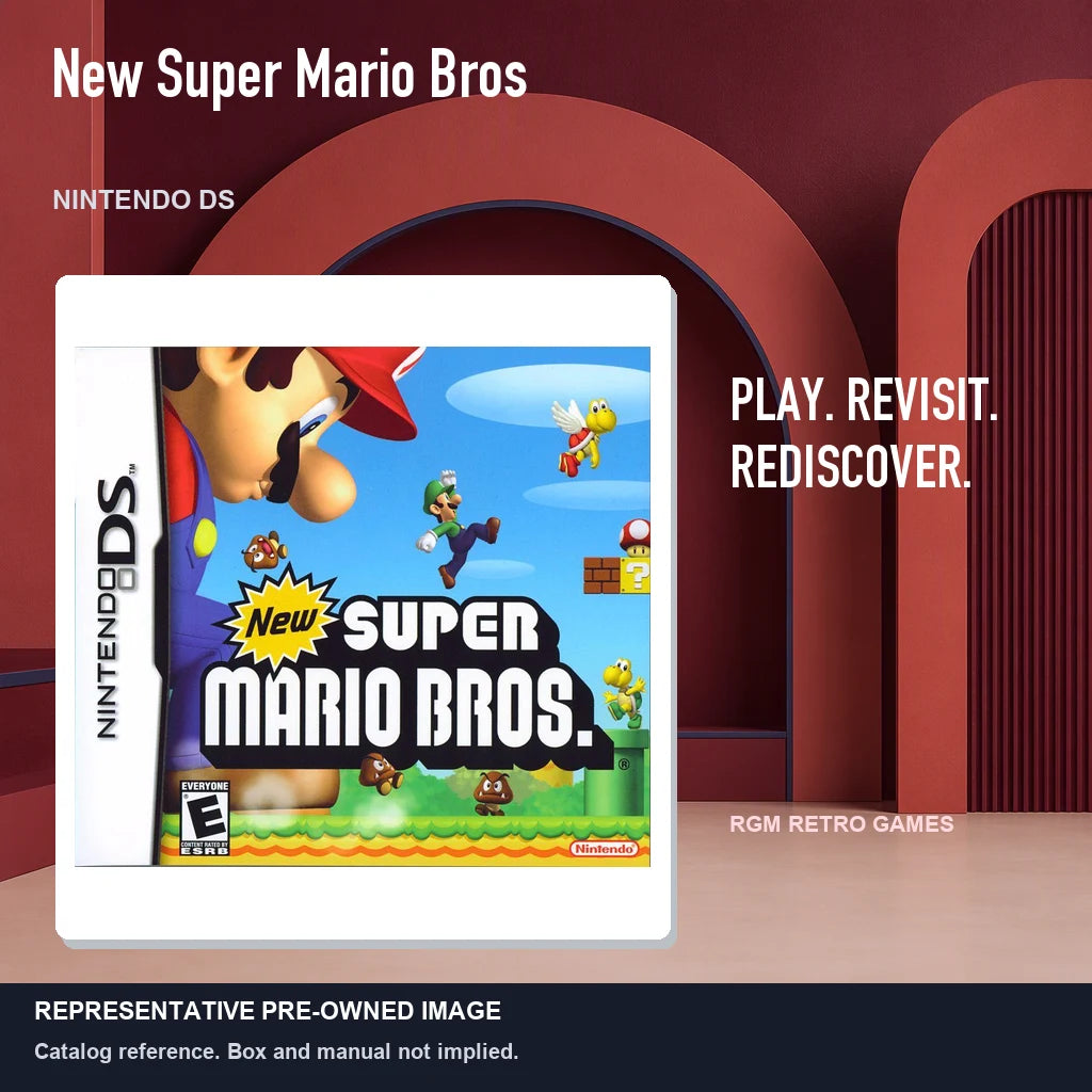 Representative pre-owned New Super Mario Bros (Nintendo DS), red retro product layout.