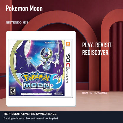 Representative pre-owned Pokemon Moon (Nintendo 3DS), red retro product layout.
