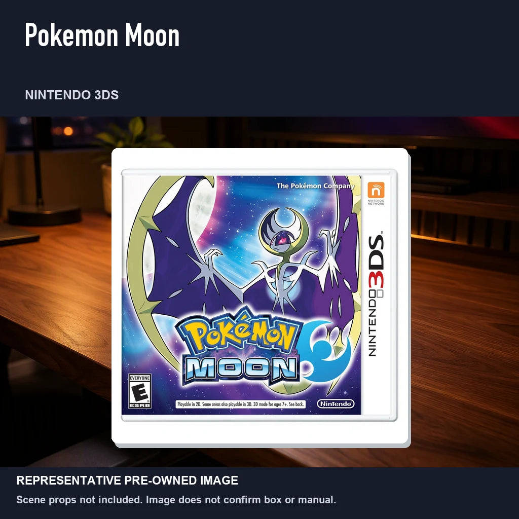Representative pre-owned Pokemon Moon (Nintendo 3DS), product image in a styled desk scene.