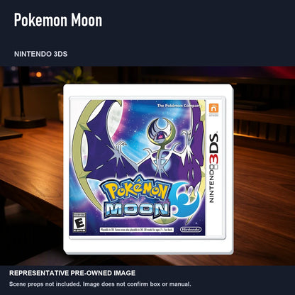 Representative pre-owned Pokemon Moon (Nintendo 3DS), product image in a styled desk scene.