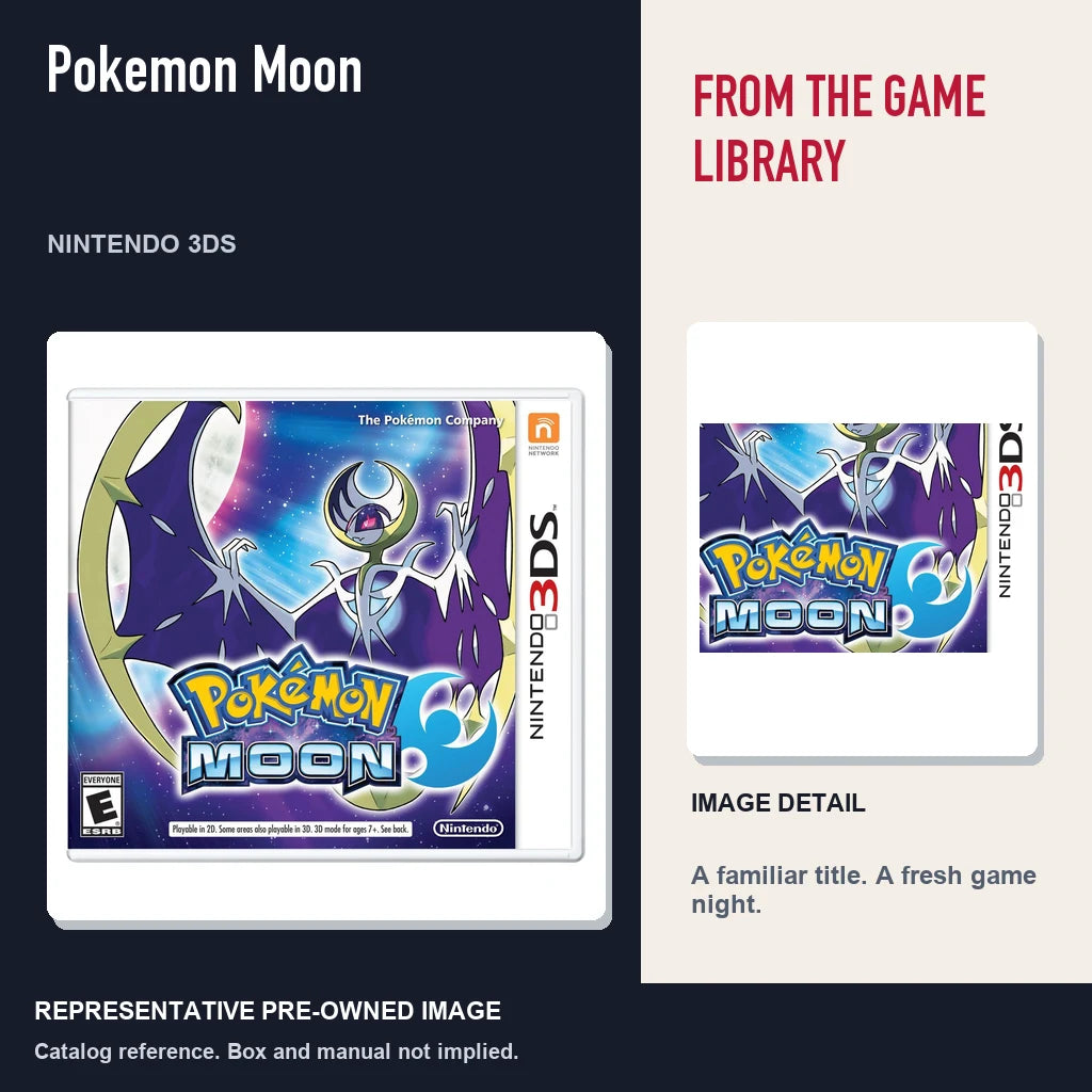 Representative pre-owned Pokemon Moon (Nintendo 3DS), editorial image and detail.