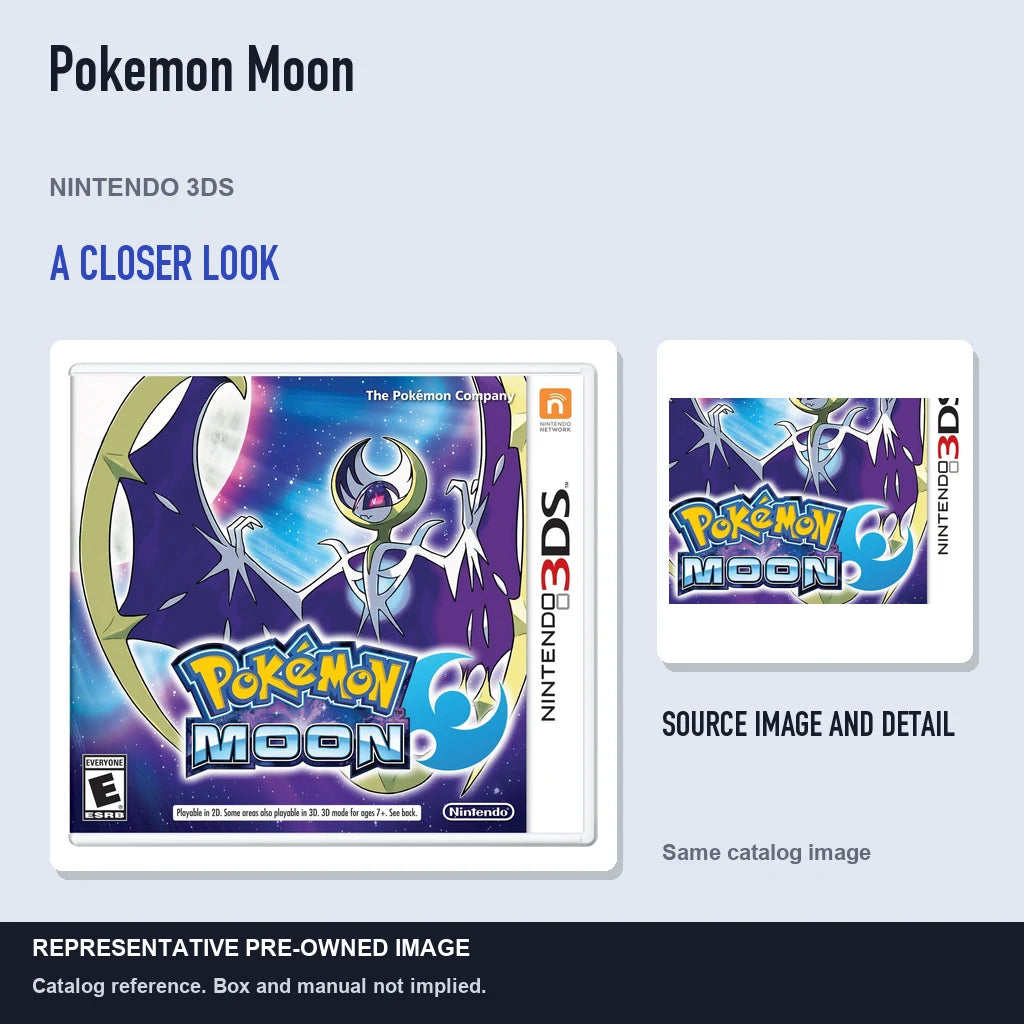 Representative pre-owned Pokemon Moon (Nintendo 3DS), full image with detail inset.