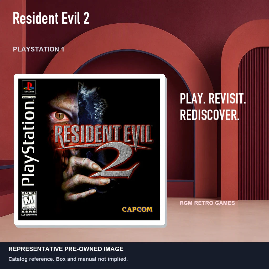 Representative pre-owned Resident Evil 2 (PlayStation 1), red retro product layout.