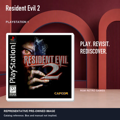 Representative pre-owned Resident Evil 2 (PlayStation 1), red retro product layout.