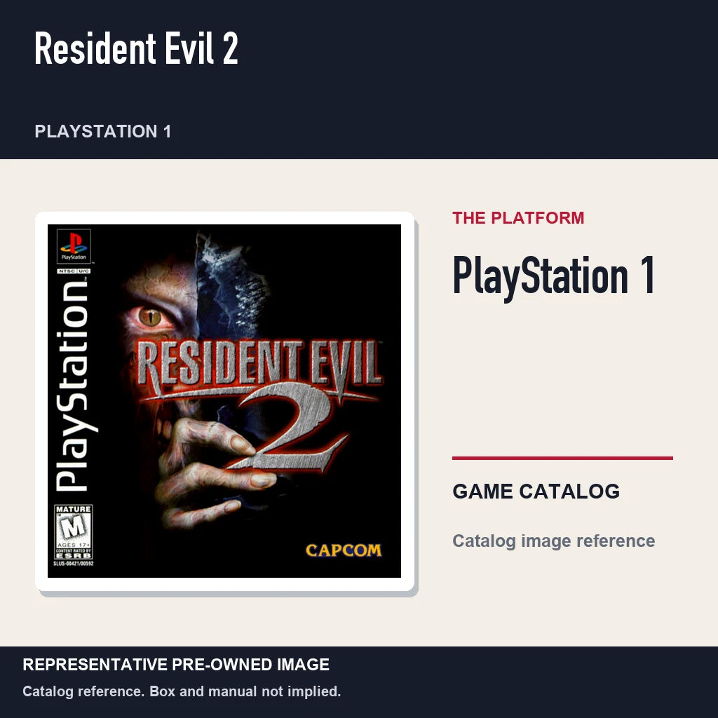 Representative pre-owned Resident Evil 2 (PlayStation 1), platform product layout.