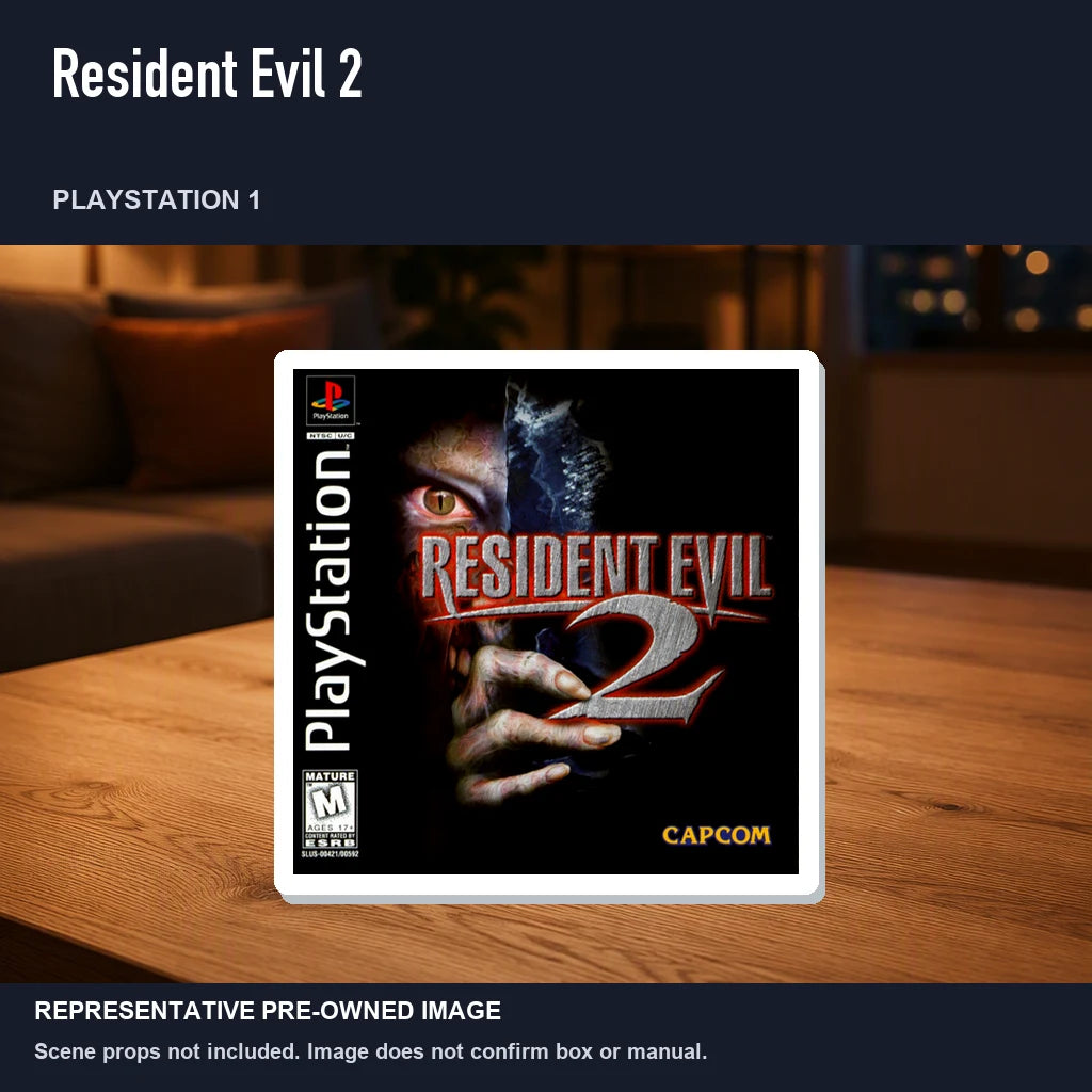 Representative pre-owned Resident Evil 2 (PlayStation 1), product image in a styled room scene.