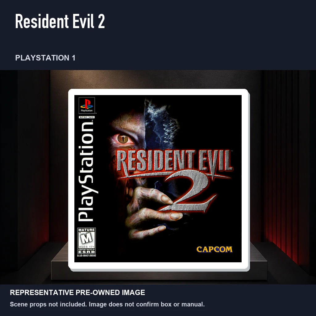 Representative pre-owned Resident Evil 2 (PlayStation 1), product image on a display panel.