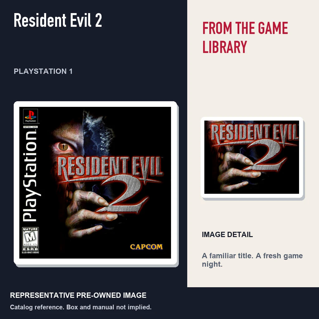 Representative pre-owned Resident Evil 2 (PlayStation 1), editorial image and detail.