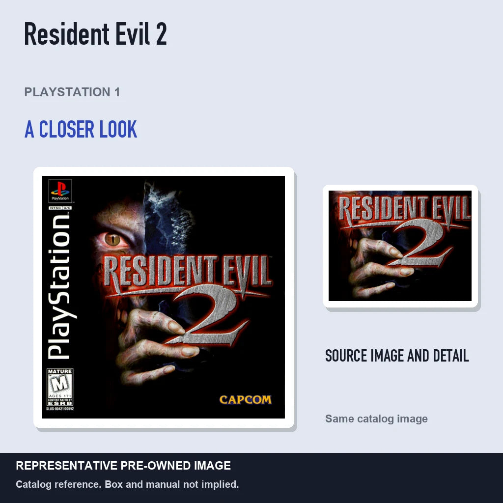 Representative pre-owned Resident Evil 2 (PlayStation 1), full image with detail inset.