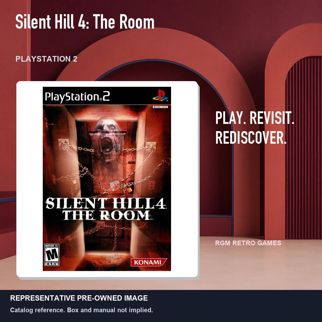 Representative pre-owned Silent Hill 4: The Room (PlayStation 2), red retro product layout.