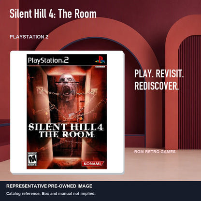 Representative pre-owned Silent Hill 4: The Room (PlayStation 2), red retro product layout.