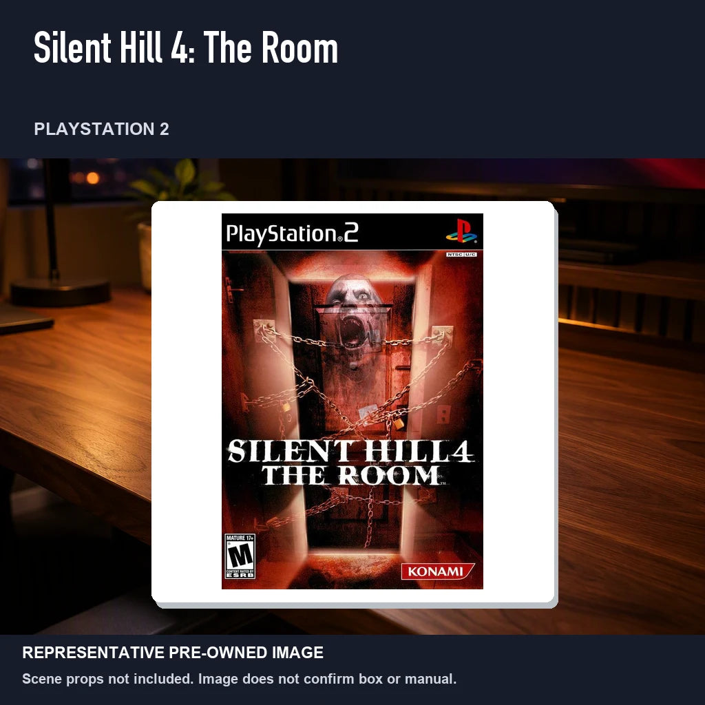Representative pre-owned Silent Hill 4: The Room (PlayStation 2), product image in a styled desk scene.