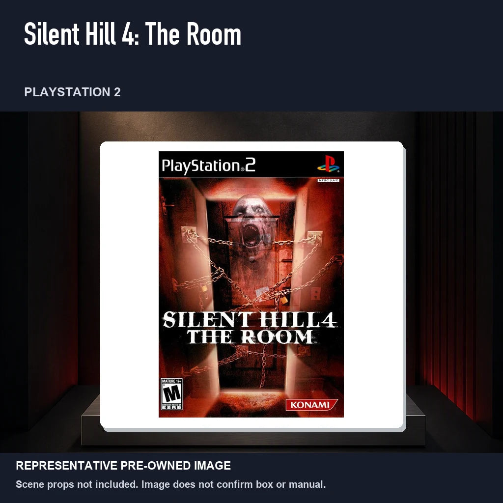 Representative pre-owned Silent Hill 4: The Room (PlayStation 2), product image on a display panel.