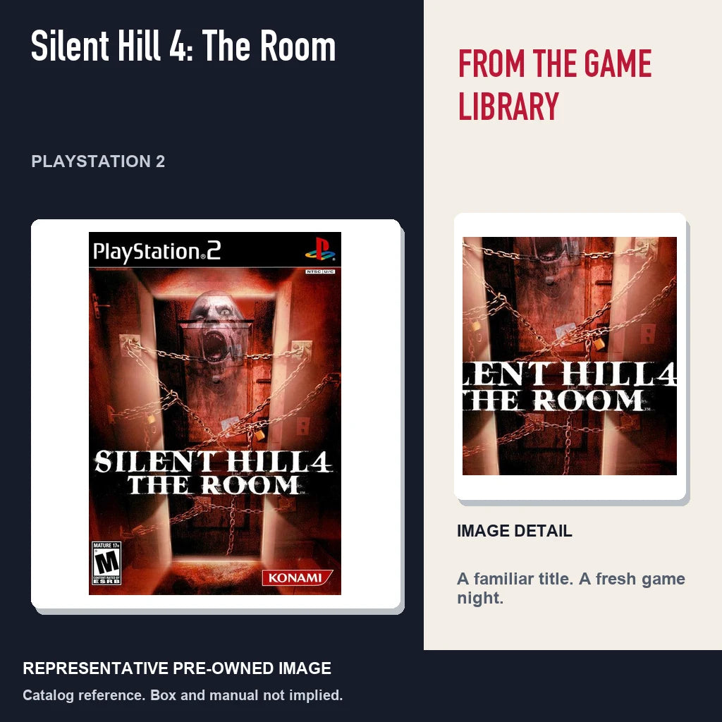 Representative pre-owned Silent Hill 4: The Room (PlayStation 2), editorial image and detail.