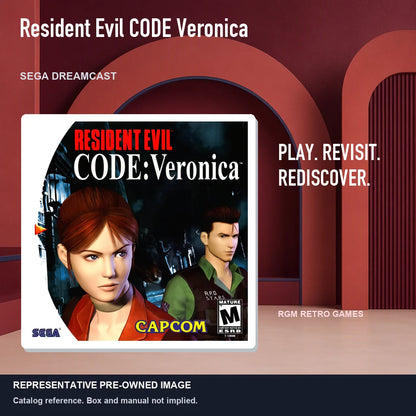 Representative pre-owned Resident Evil CODE Veronica (Sega Dreamcast), red retro product layout.